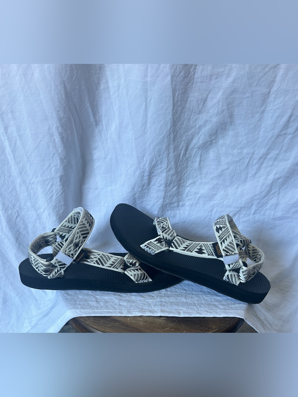 Teva Black Sandals with Cream & Black Patterned Straps Size 9